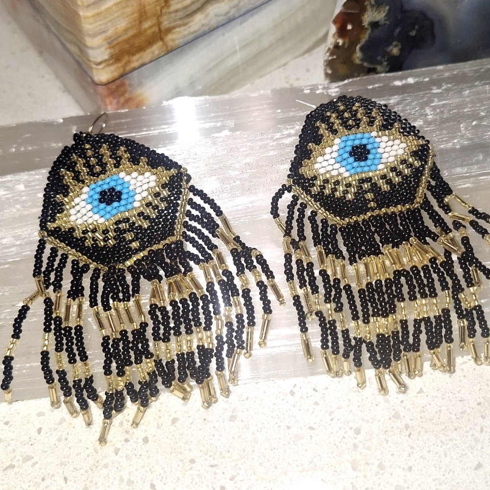 Evil eye hand beaded long dangle earrings